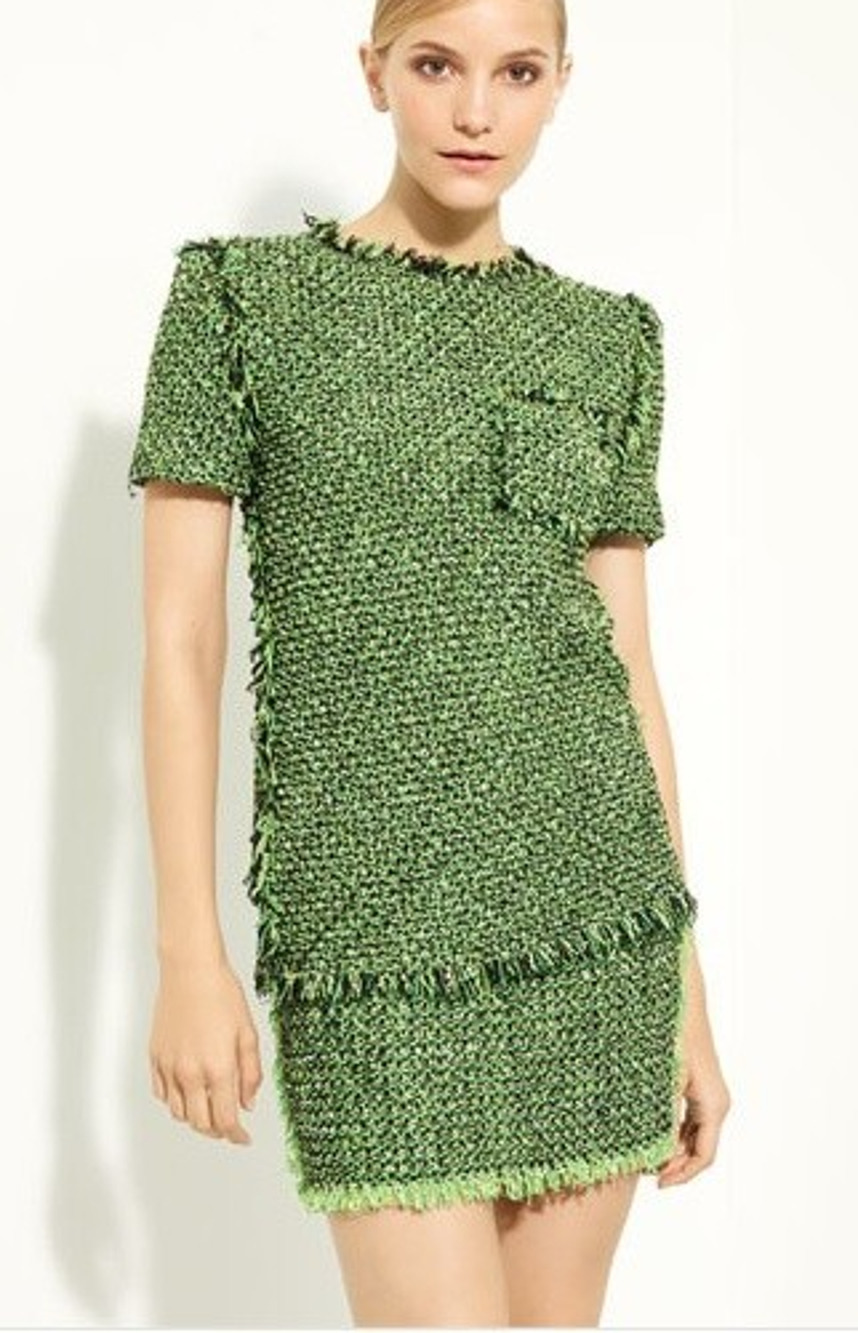 Lanvin Resort 2012 Green Tweed Top Short Sleeve Neon Black Fringe Trim 36 S